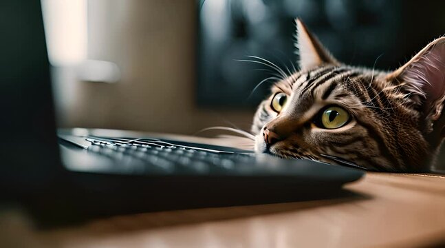 chat concentr&eacute; et captiv&eacute; devant un ordinateur