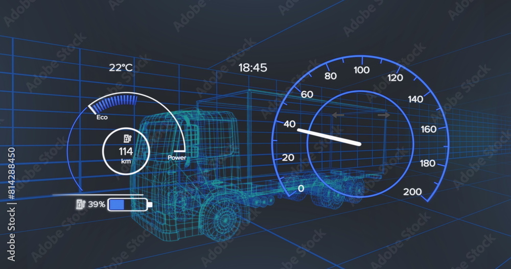 Poster image of scope scanning and data processing over stock market on black background
