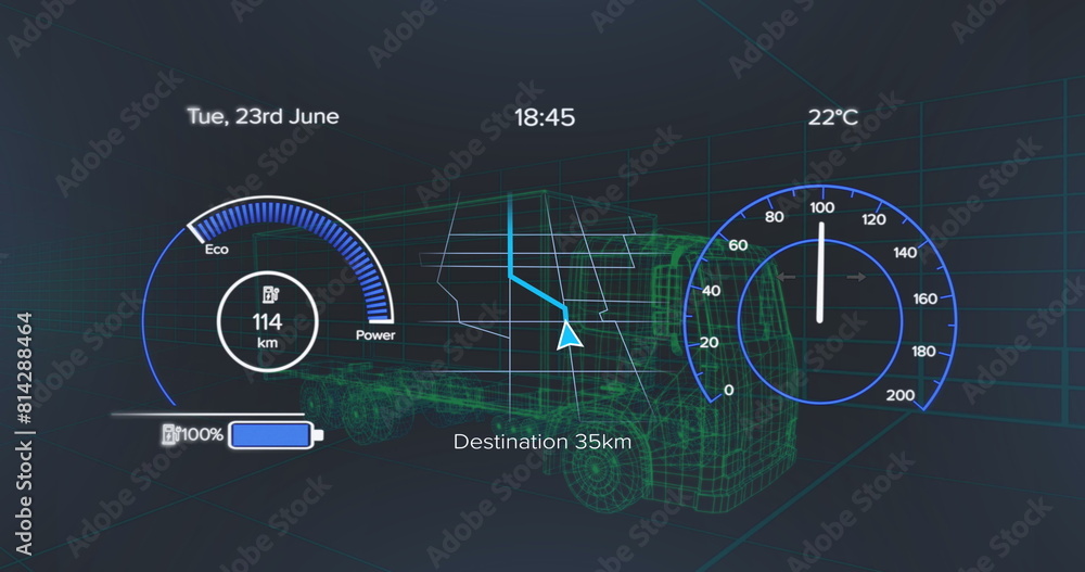 Poster digital dashboard displays various vehicle metrics in futuristic style