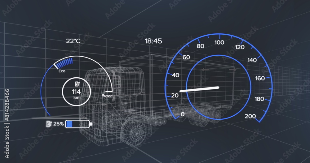 Poster image of 3d car model and speedometer over dark background