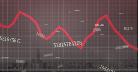 Image of financial data processing over cityscape