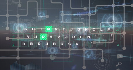 Image of network of connections with icons over glowing purple processing