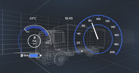 Fototapeta premium Image of 3d car model and speedometer over dark background