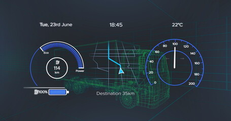 Fototapeta premium Digital dashboard displays various vehicle metrics in futuristic style