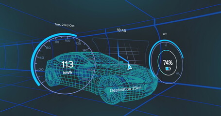 Car dashboard displaying speed, destination distance, time, and battery status