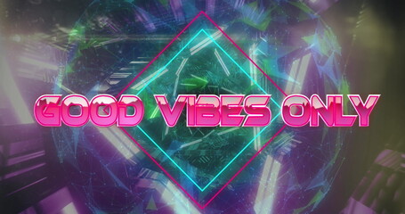 Image of good vibes only text banner over tunnel in seamless pattern and globe of plexus network