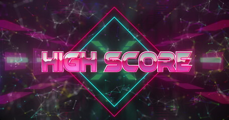 Image of high score text over moving red light trails