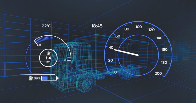 Image of scope scanning and data processing over stock market on black background - Powered by Adobe