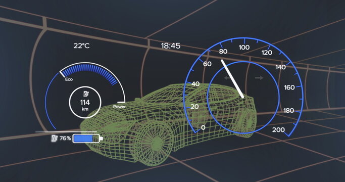 Image of 3d car model and speedometer over dark background