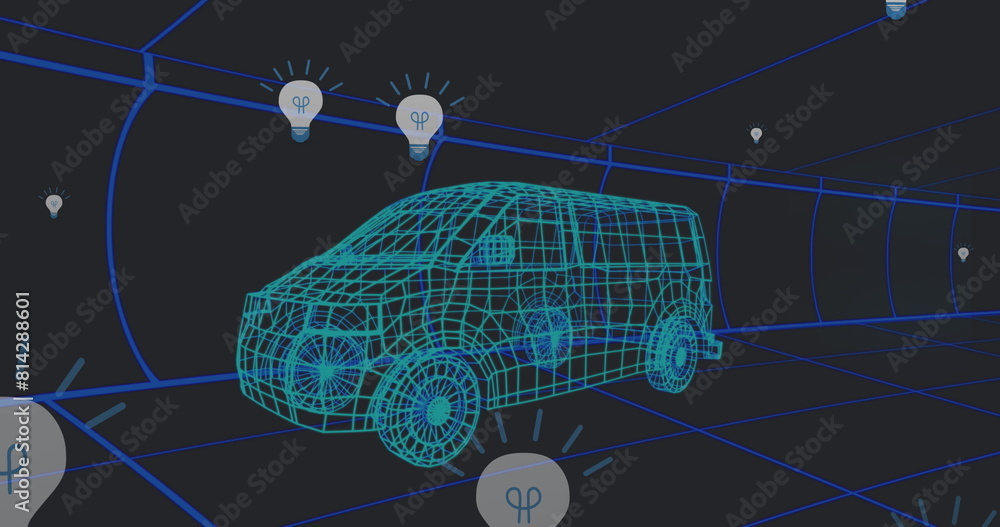 Poster image of falling icons over 3d car model over grid on black background