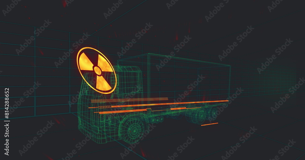 Poster image of warning text 3d car model over grid on black background