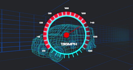 Image of 3d car model over grid on black background