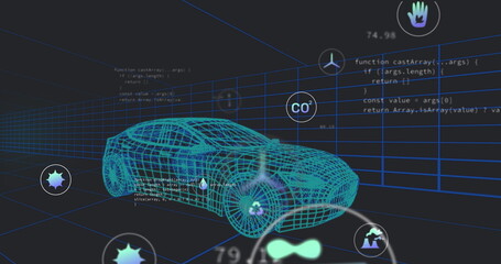 Fototapeta premium Image of data processing with icons over digital car on background