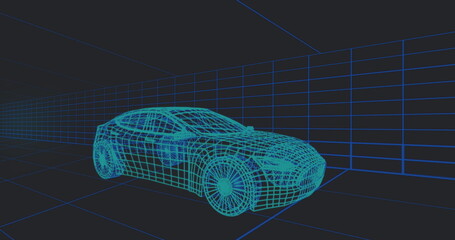 Image of data processing with icons over digital car on background