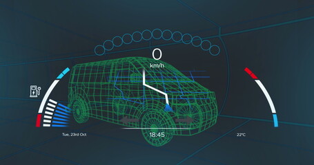 Naklejka premium Image of clock over 3d car model over grid on black background