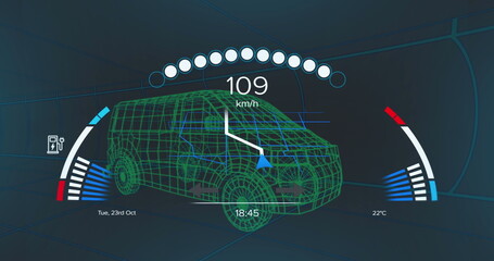 Naklejka premium Image of clock over 3d car model over grid on black background
