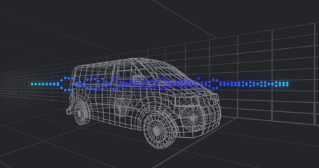 Naklejka premium Image of 3d car model over grid on black background