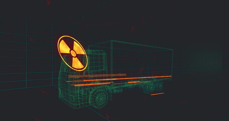 Naklejka premium Image of warning text 3d car model over grid on black background