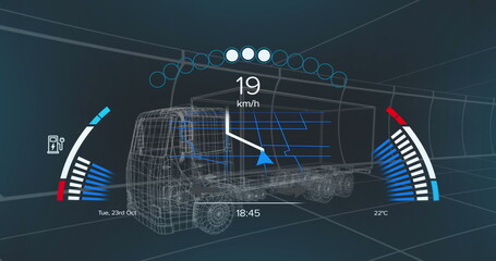 Fototapeta premium Image of car drawing over car drawing spinning on black background