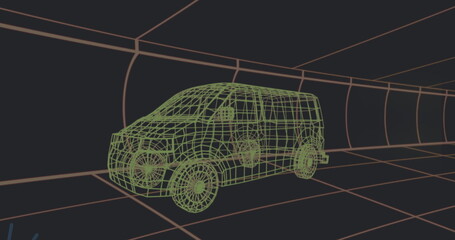 Naklejka premium Image of falling icons 3d car model over grid on black background