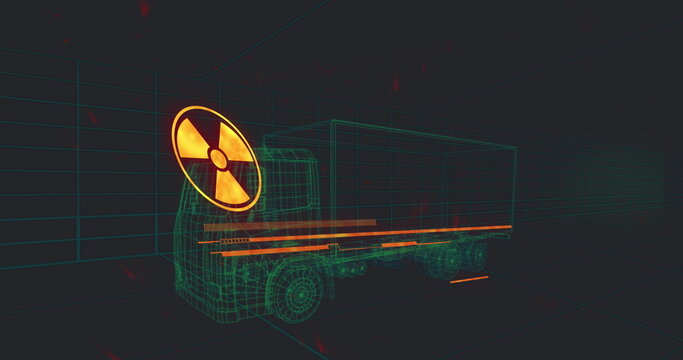 Image of warning text 3d car model over grid on black background - Powered by Adobe