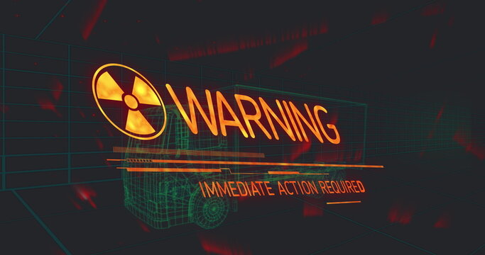 Image of warning text 3d car model over grid on black background - Powered by Adobe