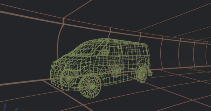 Image of falling icons 3d car model over grid on black background