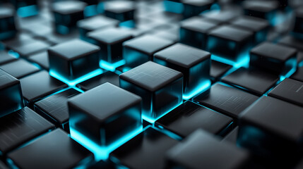 abstract background black cubes with light blue glowing edges, 3d wallpaper, business background 