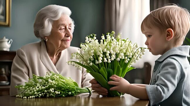 enfant offrant un brin de muguet en fleurs &agrave; sa grand-m&egrave;re &agrave; l'occasion de la f&ecirc;te du 1er mai