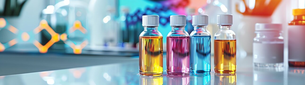 High quality photo of various medical vials with colorful liquid inside, arranged on a white table in a laboratory setting. In the background is an abstract representation of human DNA and a crushed s