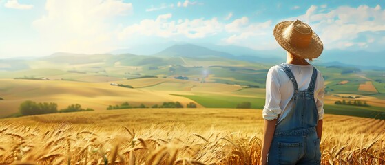 A farmer wearing overalls and a straw hat stands in the middle of a golden wheat field, overlooking vast green fields and distant mountains in the style of an oil painting. 