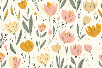 Abstract floral seamless pattern in vintage rustic style. Print with abstract flowers, leaves, and plants