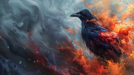 A black crow is standing in a fiery explosion of red and orange