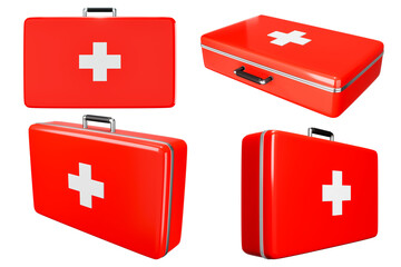 SET first aid kit, red medicine box, emergency car, ambulance medical assistance Care and assistance emergency accident concept 3D illustrated icons - clipping path