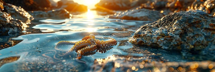 Little octopus crawls between the stones in low tide sea water and the beautiful sunrise realistic...