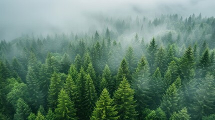 Misty Pine Forest Aerial: Foggy Nature Background