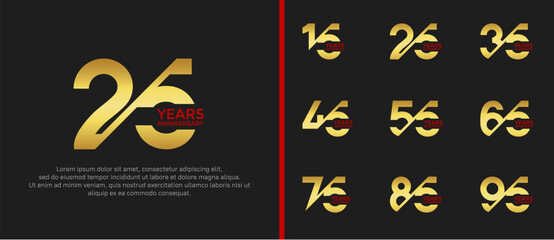 anniversary logo style set, gold and red color with slash can be use for celebration moment