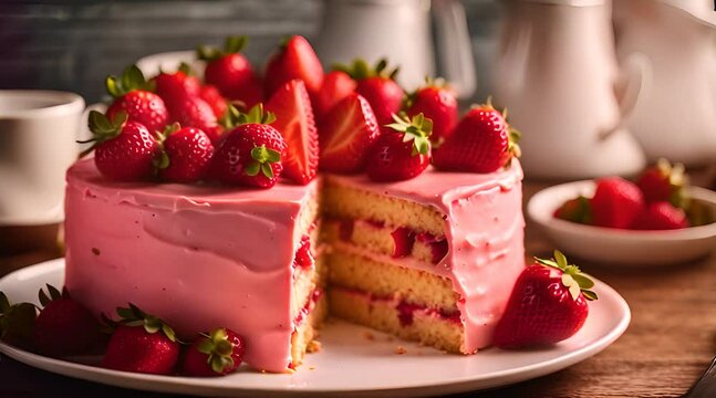 g&acirc;teau aux fraises pos&eacute; sur la table de la cuisine