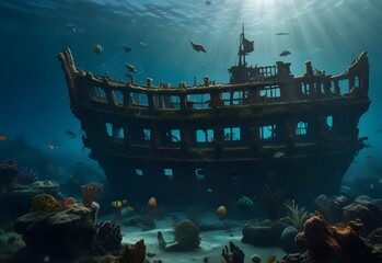 shipwreck underwater with mermaids swimming around, generative AI