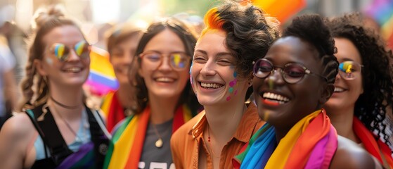 Fototapeta premium A group of diverse women and men walking in the streets during a pride event, smiling at the camera with rainbow colored scarves around their necks, celebrating diversity and richness, portrait photog