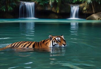 tiger swimming in a tropical waterfall, generative AI