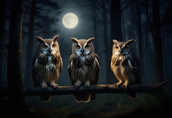 owls holding a midnight council in the woods, generative AI