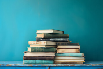 An old stack of books sits on the table in front of a blue wall, its captivating nature, and mythological references apparent in light teal and blue.