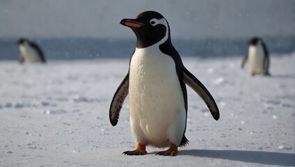 Obraz premium The vastness of white, a solitary penguin waddles, its black and white plumage a stark contrast against the blank canvas of snow ai_generated