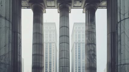 Architectural Fusion, Classic columns morphing into modern skyscrapers, Time Collide