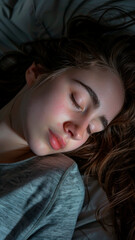 Naklejka premium In the tranquility of the night, a woman lies peacefully on her soft gray sheets, immersed in restorative sleep.