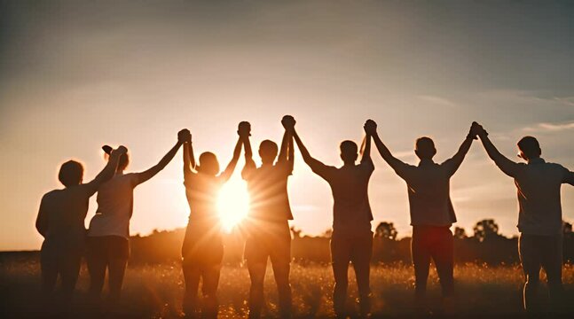 groupe de personnes se donnant la main formant une chaine de solidarit&eacute; face au soleil &agrave; contre-jour