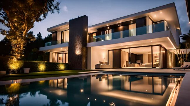 grande villa d'architecte moderne et luxueuse avec piscine et jardin paysager le soir avec illumination int&eacute;rieure