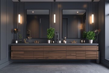 A bathroom interior with modern design, featuring a double vanity with mirrors, set against a dark gray background. 3D Rendering