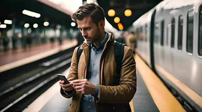 homme de 30-40 ans sur le quai d'une gare en train de consulter son smartphone en attendant son train